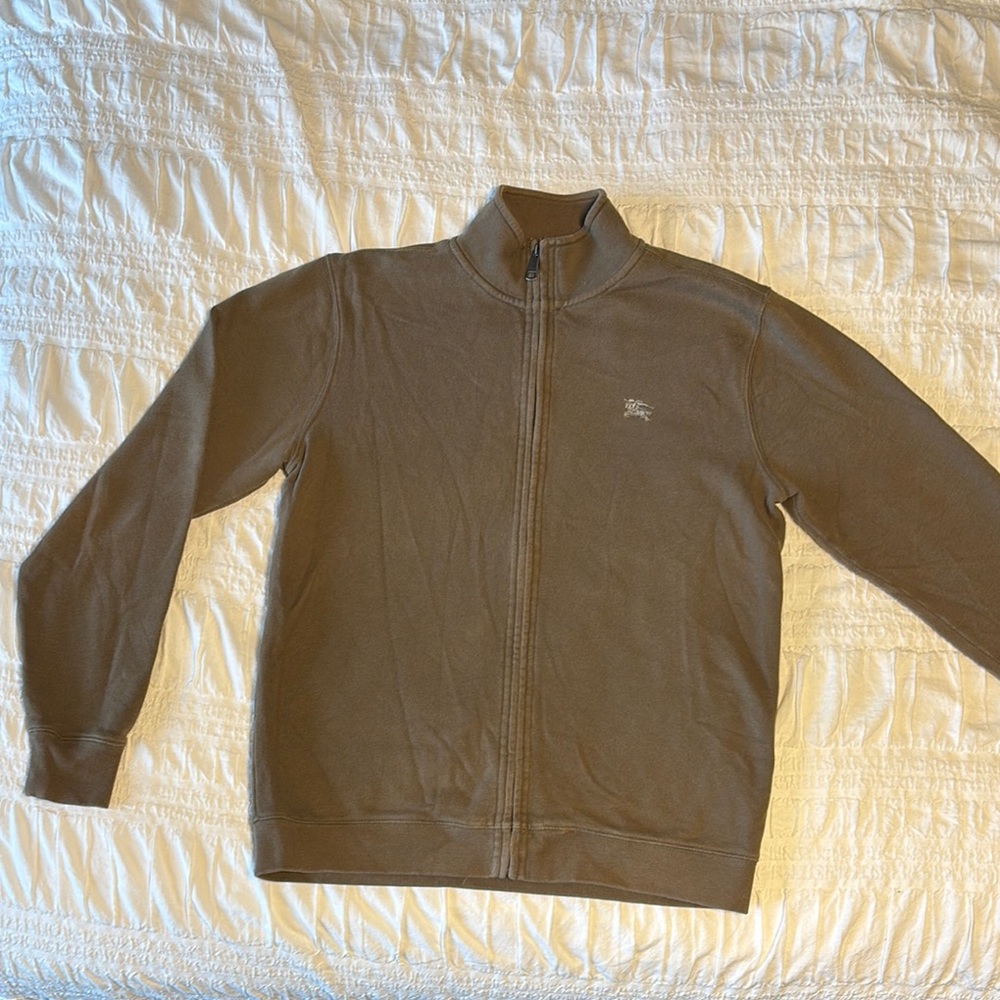 Burberry Blue and Brown Zip Up Sweater with Stand-Up Collar